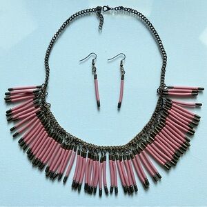 Pink Gold Tassel Fringe Statement Adjustable Necklace Earrings Vintage